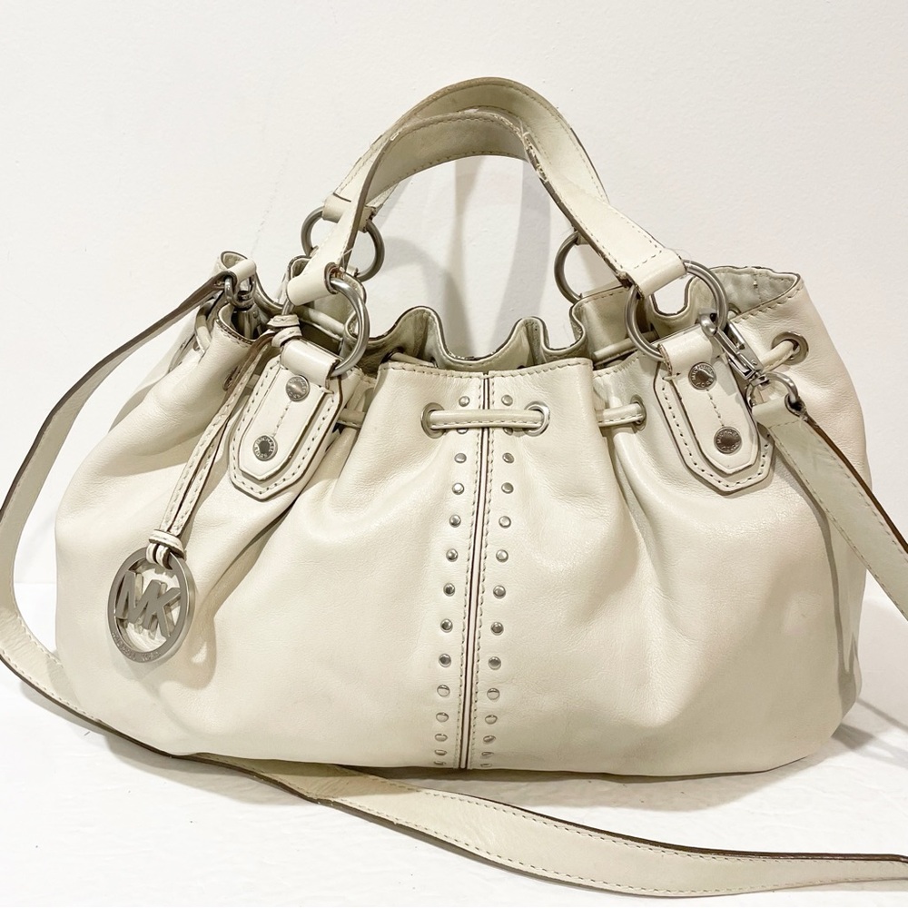 Michael Kors Vanilla Lg Drawstring Leather Satchel Top Snap Inside & Zip Pockets - Picture 7 of 7